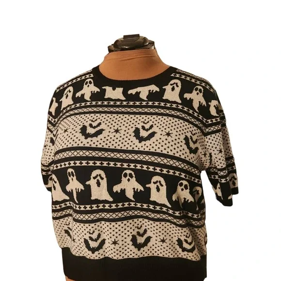 NWT Unique Vintage Black Black & Grey Ghost Delight Fair Isle Knit Top 3x - Picture 5 of 9